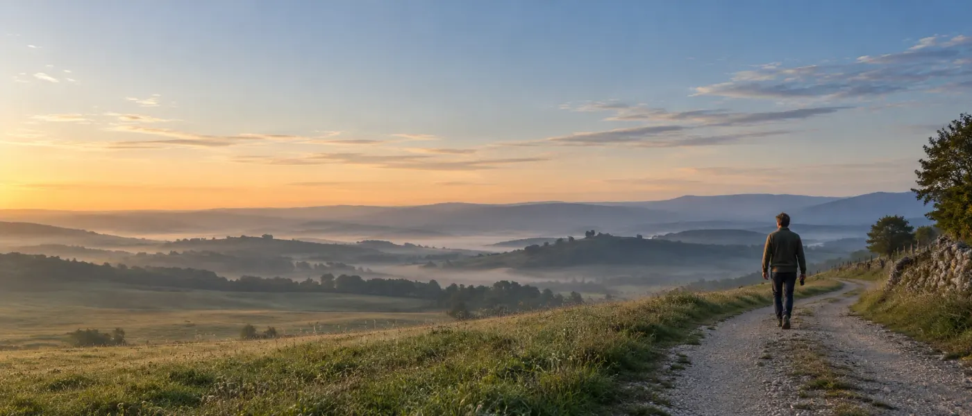 Muž kráčí po polní cestě ranní krajinou k obzoru